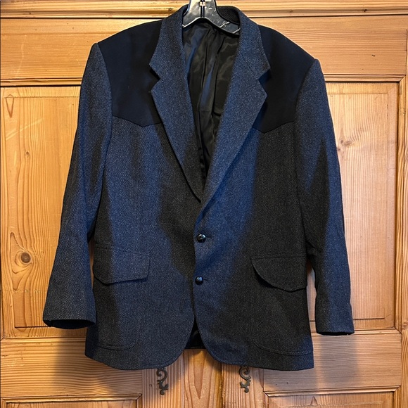 Pendleton Western Black Tweed Wool Jacket Blazer Sport Coat Suede Elbow Patches